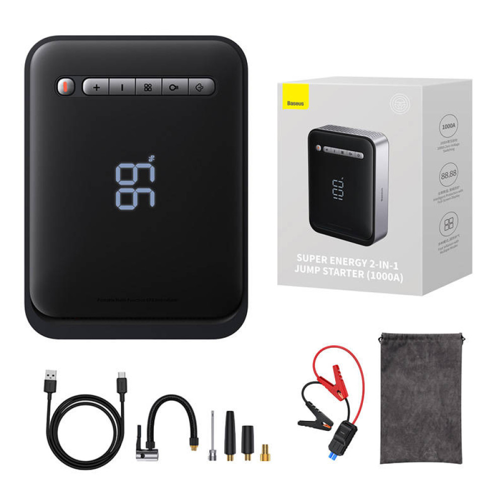 Стартер за автомобил + външна батерия  + компресор Baseus (CGCN000001) - 8 000 mAh, 1000A + фенер, 3 в 1