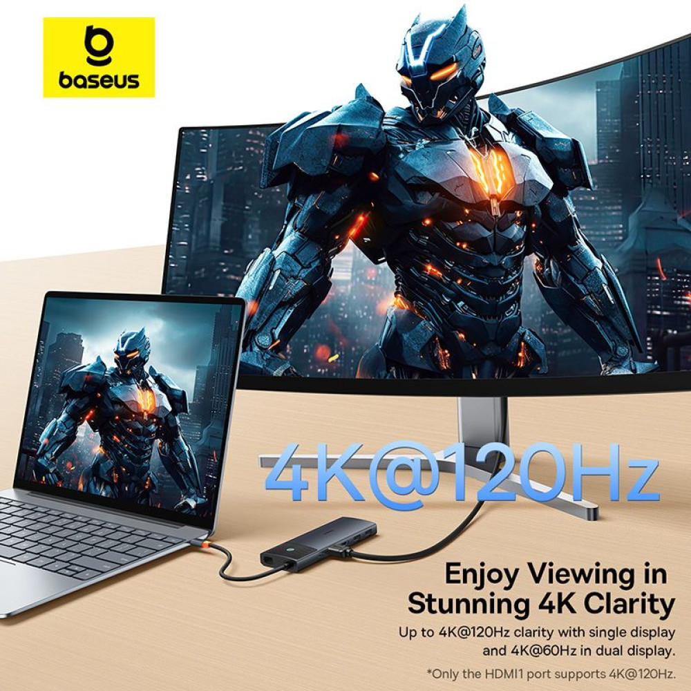 Хъб 10в1 BASEUS от Type-C към 3xUSB3.0 + 2xHDMI 4K + USB-C(PD)100W + USB-C(data) + TF/microSD + RJ45 (B00061800123-01)