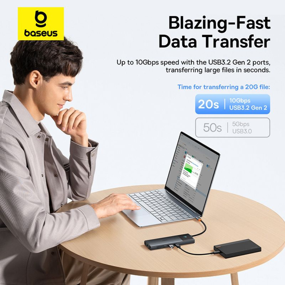 Хъб 10в1 BASEUS от Type-C към 3xUSB3.0 + 2xHDMI 4K + USB-C(PD)100W + USB-C(data) + TF/microSD + RJ45 (B00061800123-01)