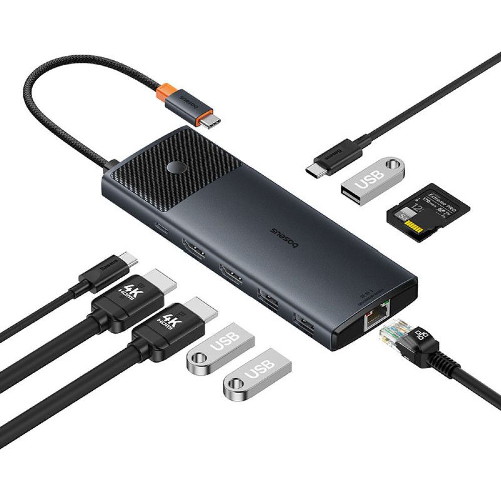 Хъб 10в1 BASEUS от Type-C към 3xUSB3.0 + 2xHDMI 4K + USB-C(PD)100W + USB-C(data) + TF/microSD + RJ45 (B00061800123-01)