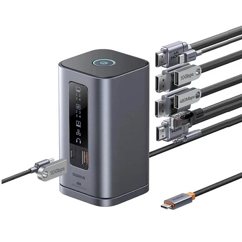 Хъб 11в1 BASEUS Spacemate от Type-C към 2xUSB3.0 + 1xUSB2.0 + 2xHDMI 4K + USB-C(PD)100W + USB-C(data) + 2xDP + RJ45 + AUX/m/3.5mm (B00568101813-00) Хъб 11в1 BASEUS Spacemate от Type-C към 2xUSB3.0 + 1xUSB2.0 + 2xHDMI 4K + USB-C(PD)100W + USB-C(data) + 2xDP + RJ45 + AUX/m/3.5mm (B00568101813-00)