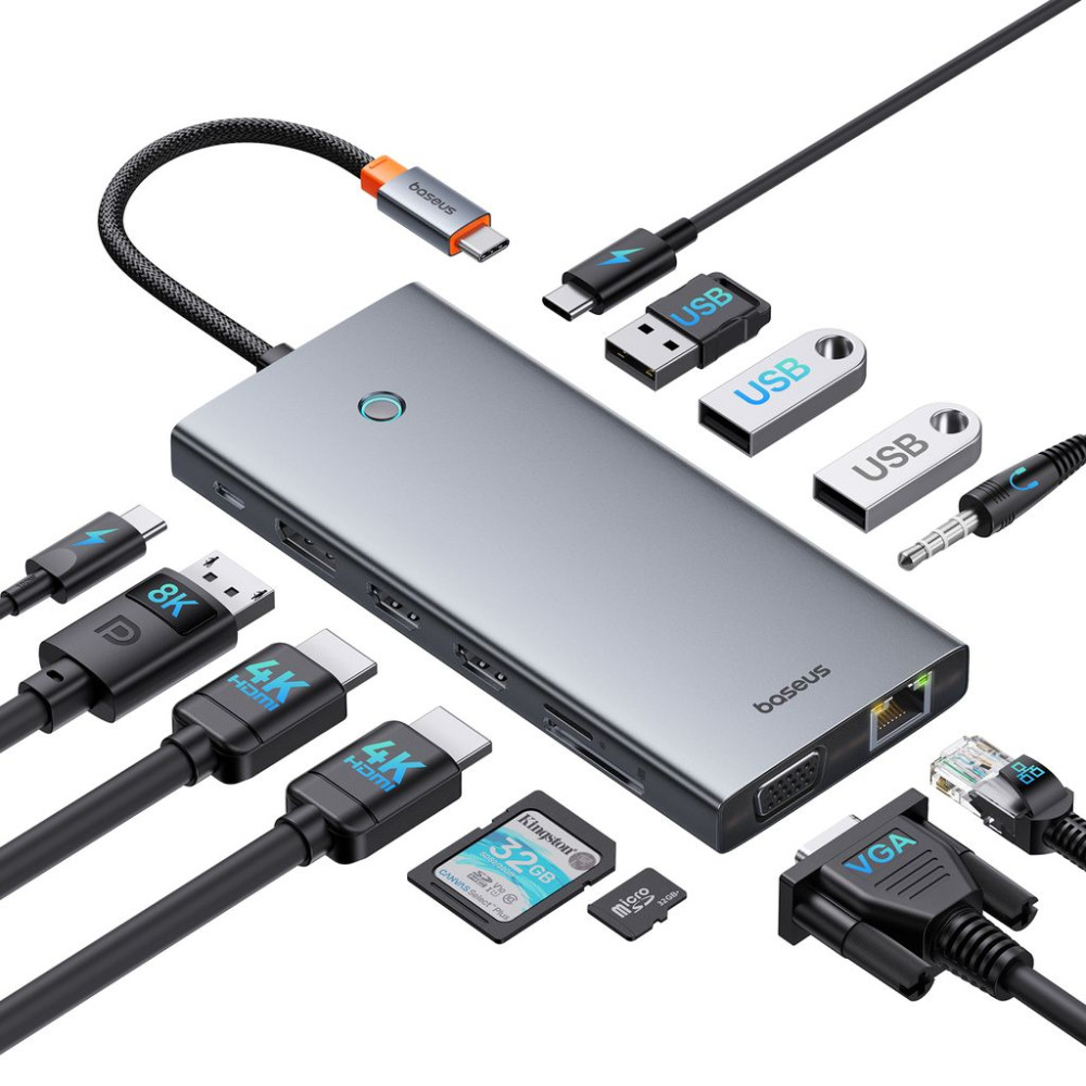 Хъб 13в1 BASEUS PortalJoy S, от Type-C към USB2.0+2xUSB3.0+USB-C+2xHDMI 4K+USB-C(PD)+DP+VGA+TF/microSD+RJ45+3.5mm jack (B00053002811-01)