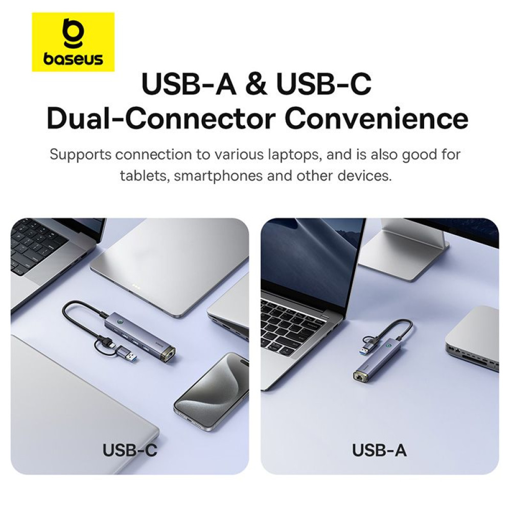 Хъб 4в1 BASEUS UltraJoy от Type-C/USB-A към 3xUSB3.0, USB2.0, USB-C, RJ45 (B0005280B811-14)