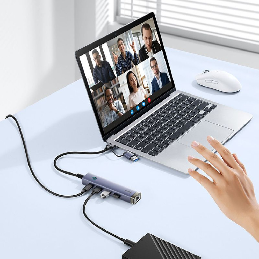 Хъб 4в1 BASEUS UltraJoy от Type-C/USB-A към 3xUSB3.0, USB2.0, USB-C, RJ45 (B0005280B811-14)