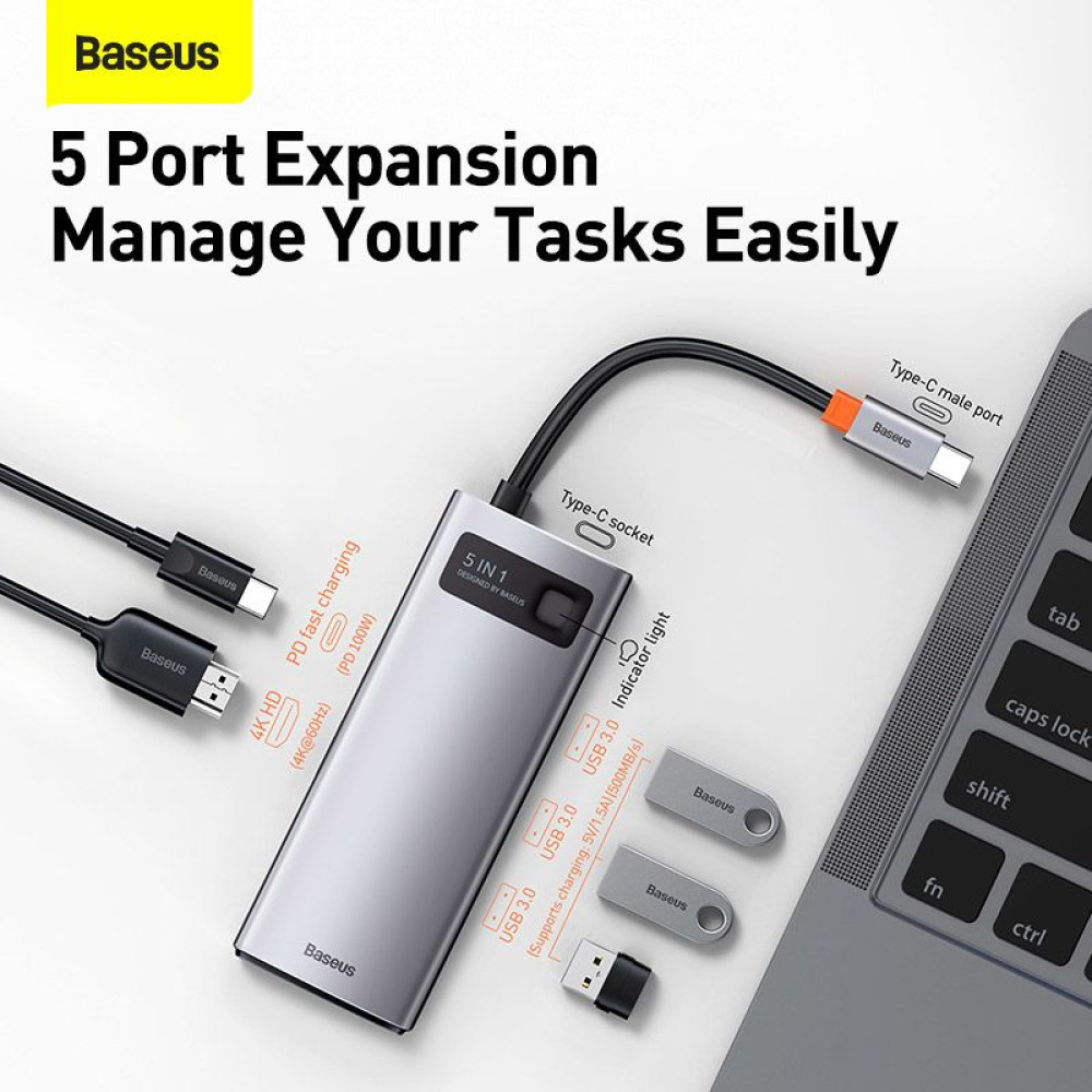 Хъб 5-в-1 BASEUS Metal Gleam от Type-C към 3xUSB3.0, USB-C (PD) 100W, HDMI (CAHUB-CX0G)