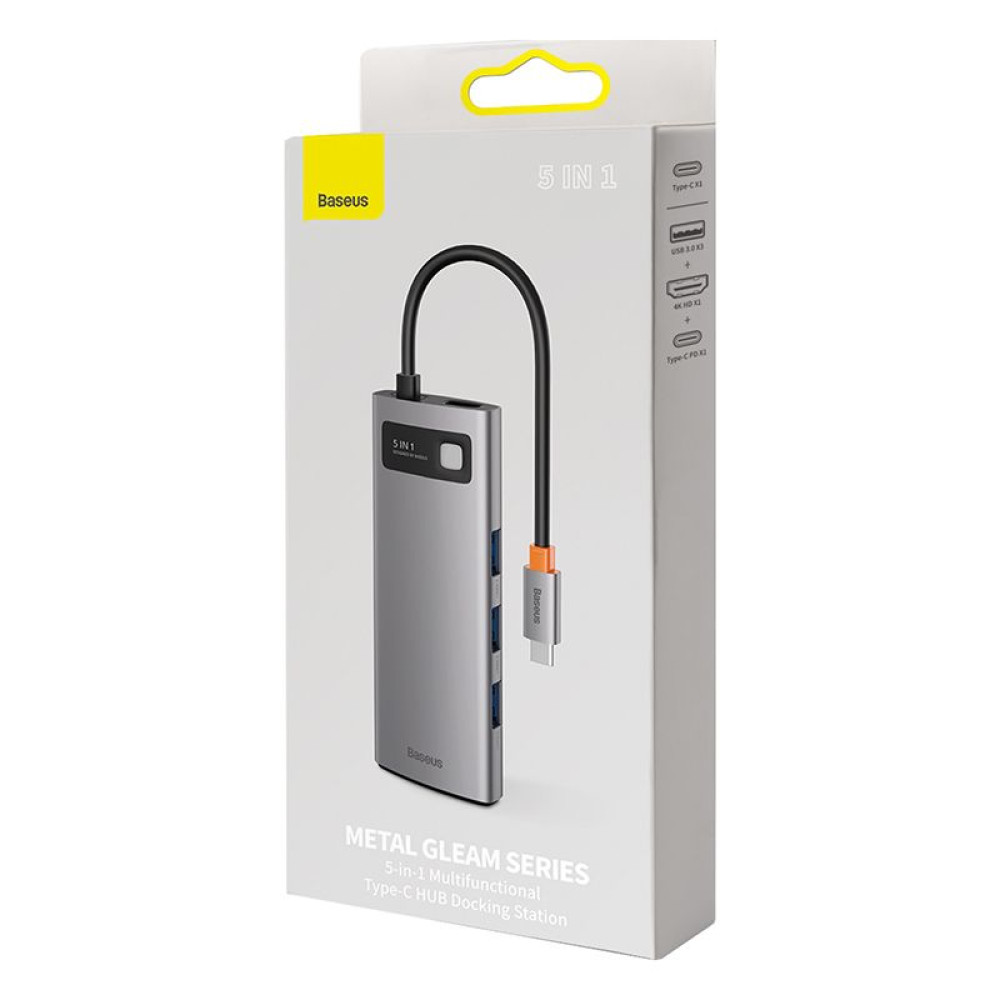 Хъб 5-в-1 BASEUS Metal Gleam от Type-C към 3xUSB3.0, USB-C (PD) 100W, HDMI (CAHUB-CX0G)