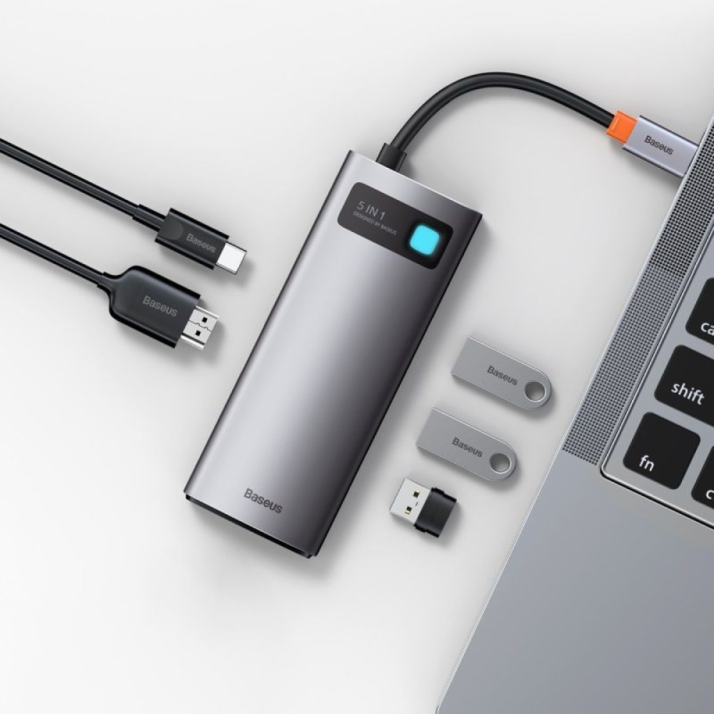Хъб 5-в-1 BASEUS Metal Gleam от Type-C към 3xUSB3.0, USB-C (PD) 100W, HDMI (CAHUB-CX0G)