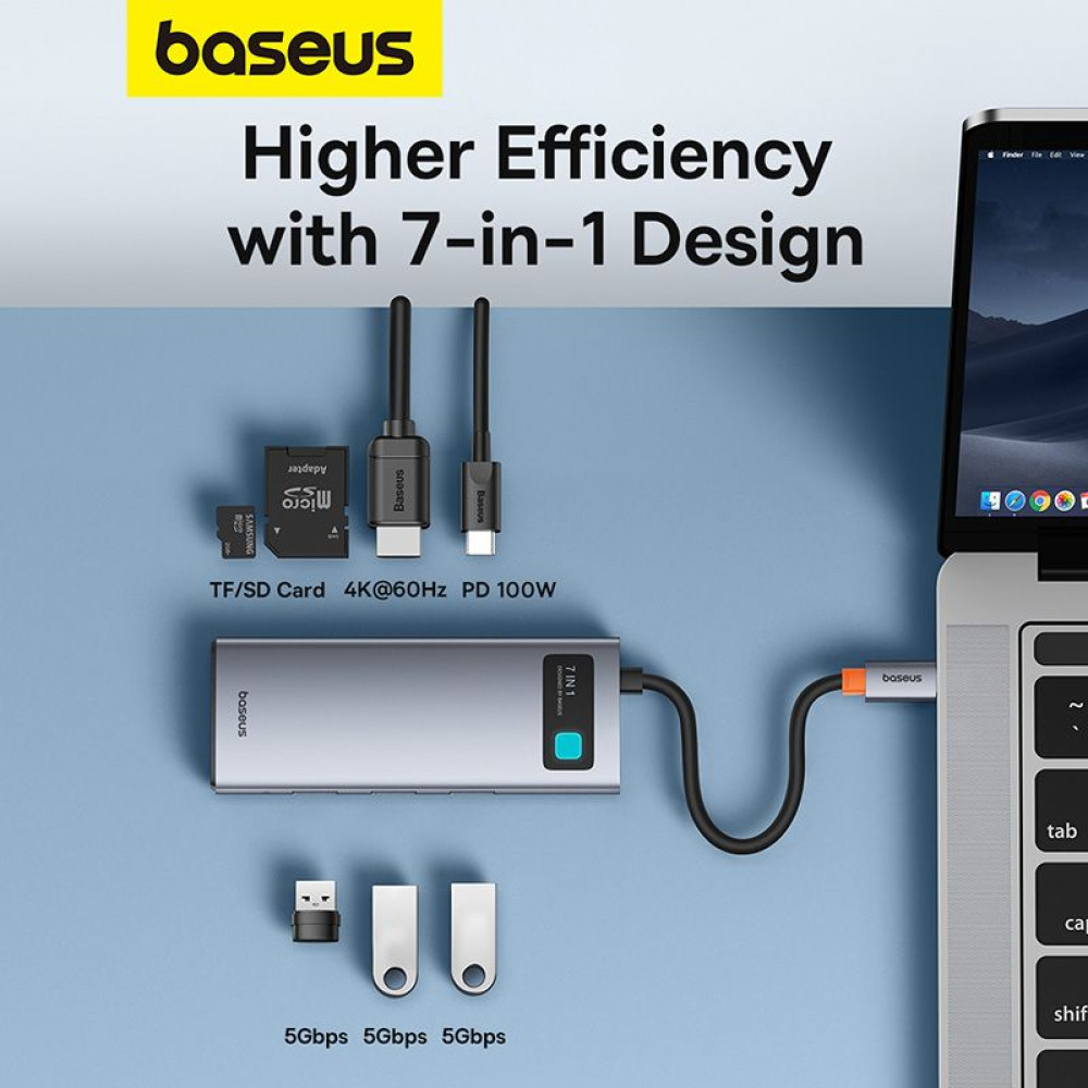 Хъб 7-в-1 BASEUS Metal Gleam от Type-C към 3xUSB3.0, USB-C(PD) 100W, HDMI 4K/60Hz, TF/Micro SD (B00030708811-01)