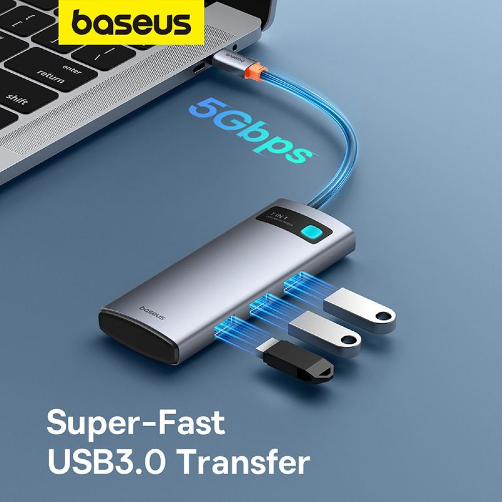 Хъб 7-в-1 BASEUS Metal Gleam от Type-C към 3xUSB3.0, USB-C(PD) 100W, HDMI 4K/60Hz, TF/Micro SD (B00030708811-01)