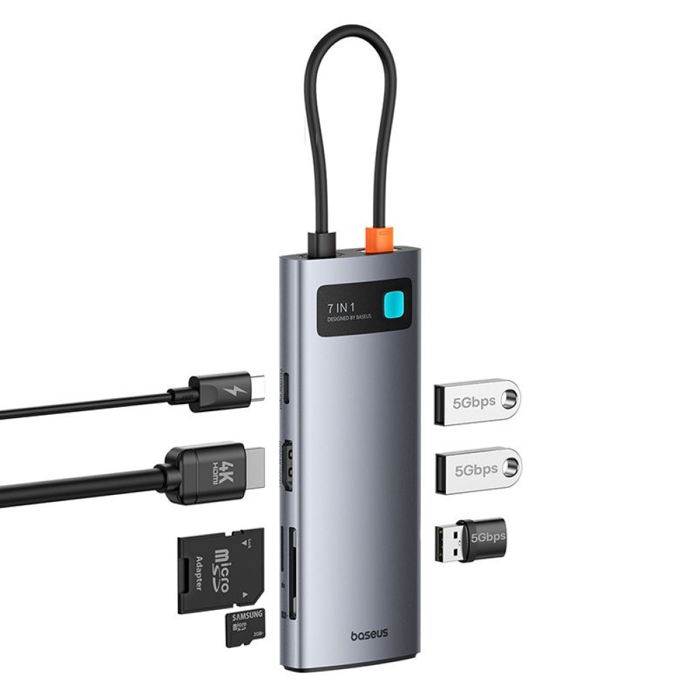 Хъб 7-в-1 BASEUS Metal Gleam от Type-C към 3xUSB3.0, USB-C(PD) 100W, HDMI 4K/60Hz, TF/Micro SD (B00030708811-01)
