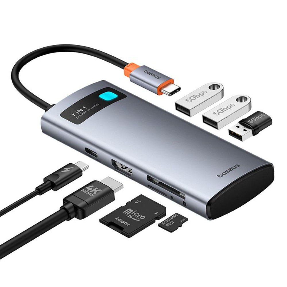 Хъб 7-в-1 BASEUS Metal Gleam от Type-C към 3xUSB3.0, USB-C(PD) 100W, HDMI 4K/60Hz, TF/Micro SD (B00030708811-01)