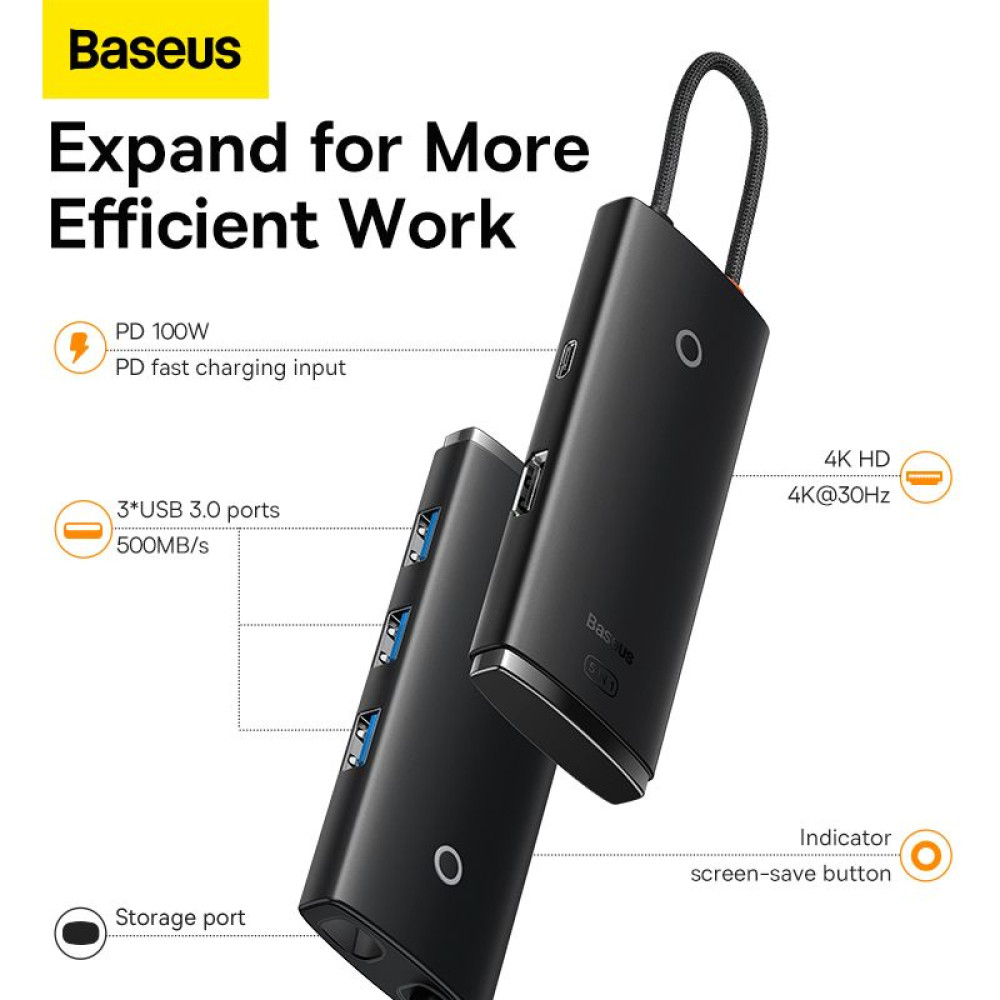 Хъб 5-в-1 BASEUS Lite S. от Type-C към 3xUSB3.0, USB-C (PD) 100W, HDMI, Lite S.  - (WKQX040001)