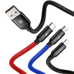 Кабел 3-в-1 BASEUS, Rapid (CAMLT-BSY01), USB-A към Type-C, Lightning и Micro USB, 1.2 метра  Кабел 3-в-1 BASEUS, Rapid (CAMLT-BSY01), USB-A към Type-C, Lightning и Micro USB, 1.2 метра