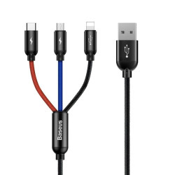 Кабел 3-в-1 BASEUS, Rapid (CAMLT-BSY01), USB-A към Type-C, Lightning и Micro USB, 1.2 метра  Кабел 3-в-1 BASEUS, Rapid (CAMLT-BSY01), USB-A към Type-C, Lightning и Micro USB, 1.2 метра