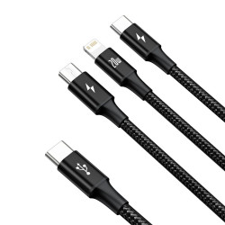 Кабел 3-в-1 BASEUS, Rapid (CAMLT-SC01), Type-C към Type-C, Lightning и Micro USB, 1.5 метра  Кабел 3-в-1 BASEUS, Rapid (CAMLT-SC01), Type-C към Type-C, Lightning и Micro USB, 1.5 метра