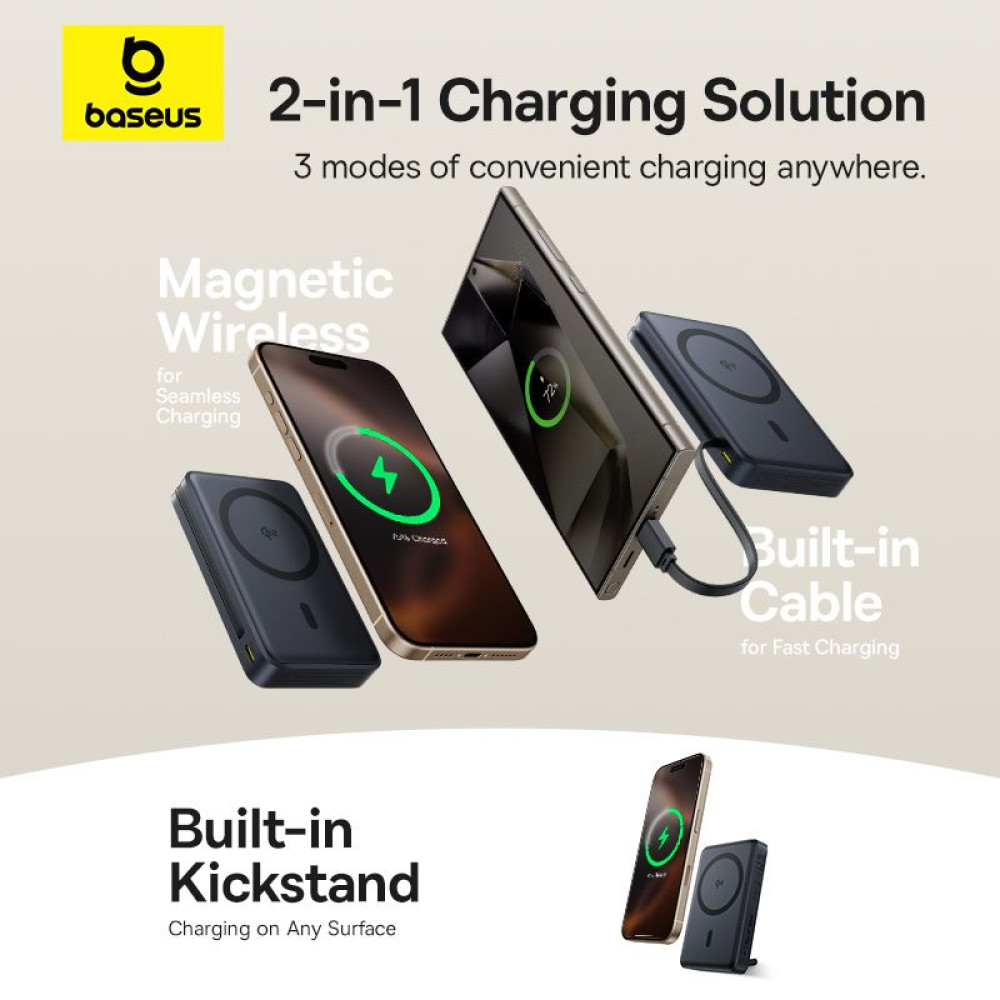 Външна батерия BASEUS - 10 000 mAh, 45W PicoGo Qi2 Nomos Magnetic + Type-C + стойка (P10078800123-00)