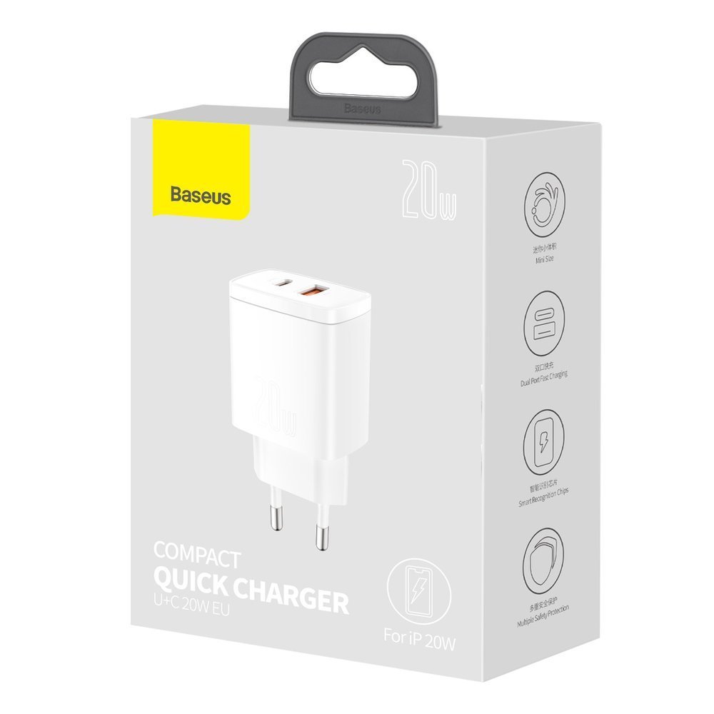  Зарядно устройство 220V BASEUS 20W, USB-A, USB-C, 3A, Compact (CCXJ-B02) 