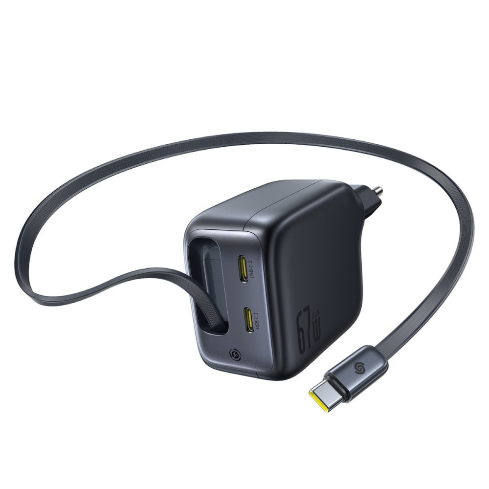 Зарядно устройство 220V BASEUS 67W, 2xUSB-C + вграден кабел Type-C, GaN6 (E0121E00)