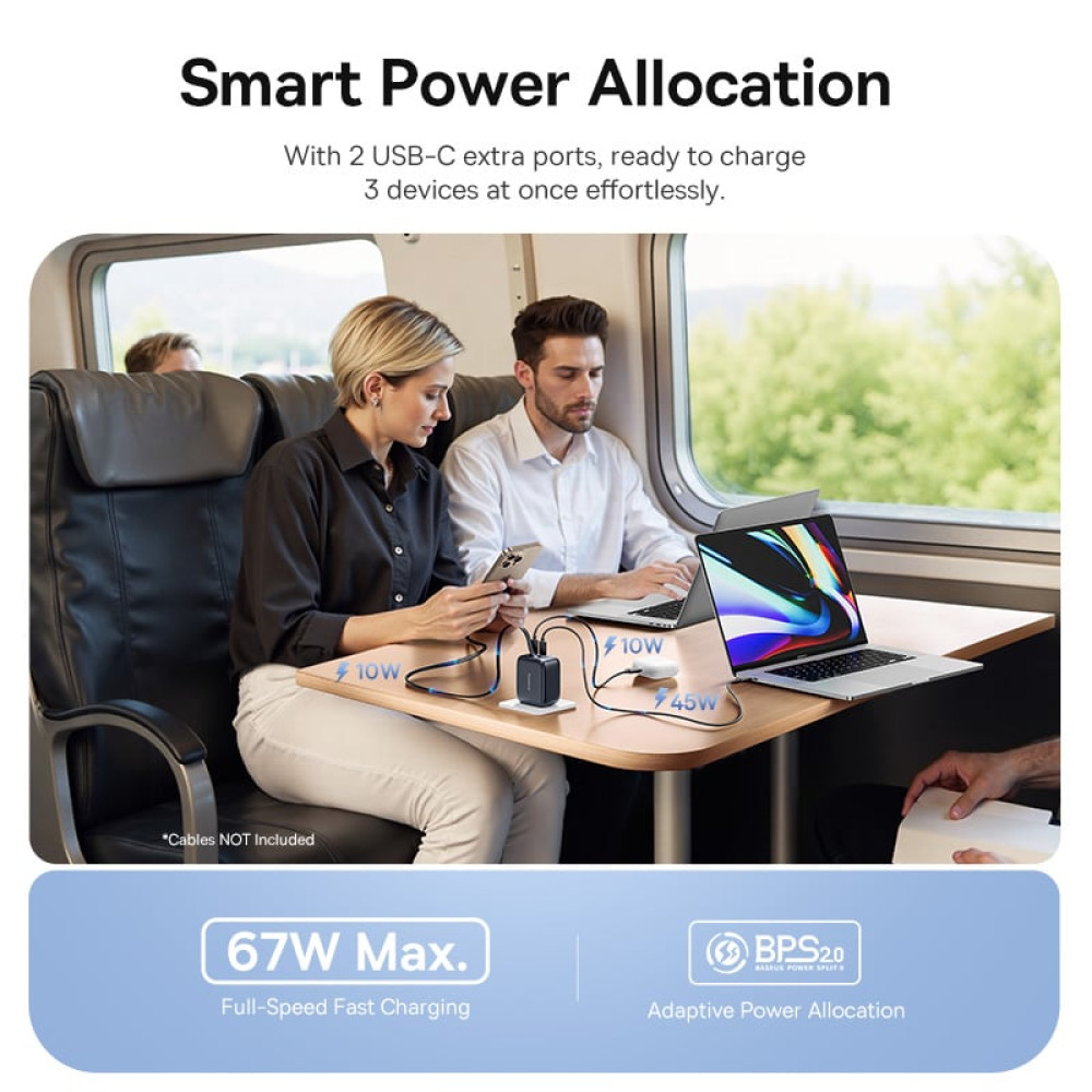 Зарядно устройство 220V BASEUS 67W, 2xUSB-C + вграден кабел Type-C, GaN6 (E0121E00)