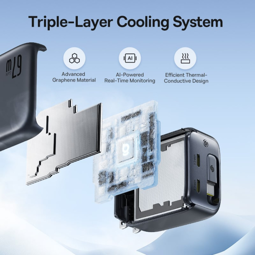 Зарядно устройство 220V BASEUS 67W, 2xUSB-C + вграден кабел Type-C, GaN6 (E0121E00)