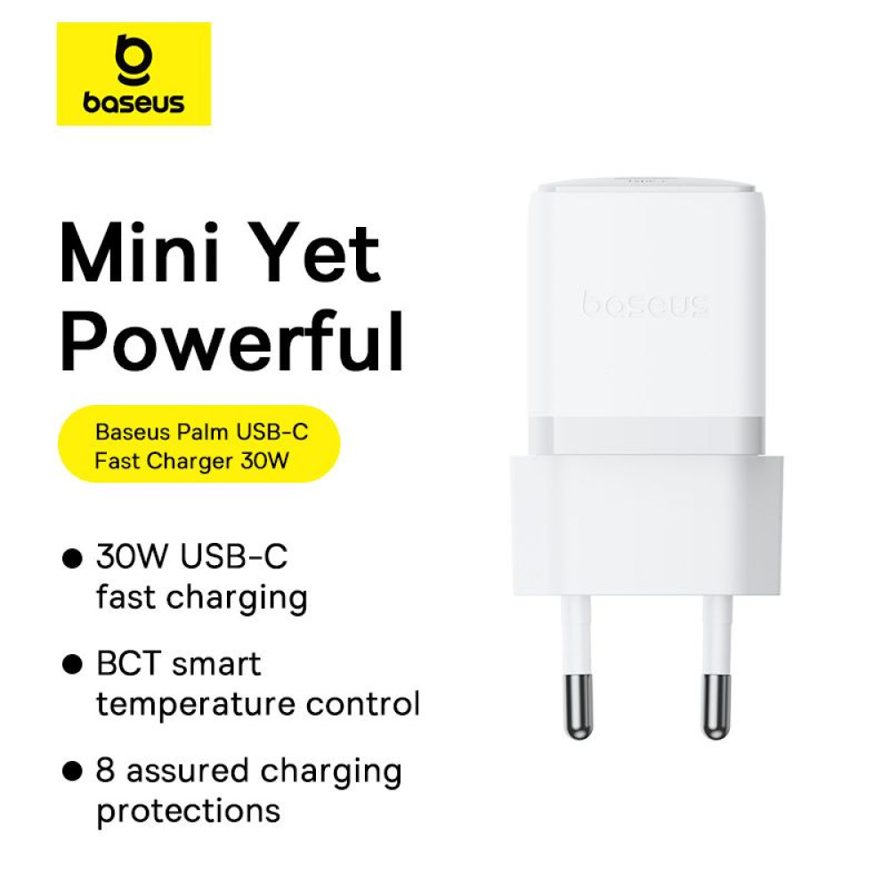 Зарядно устройство BASEUS 30W, 220V, USB-C - Palm fast + кабел (P10111605213-01)
