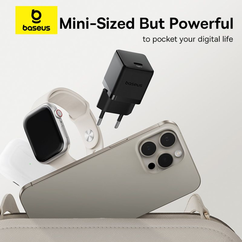 Зарядно устройство BASEUS 30W, 220V, USB-C - Palm fast + кабел, черно (P10111605113-01)