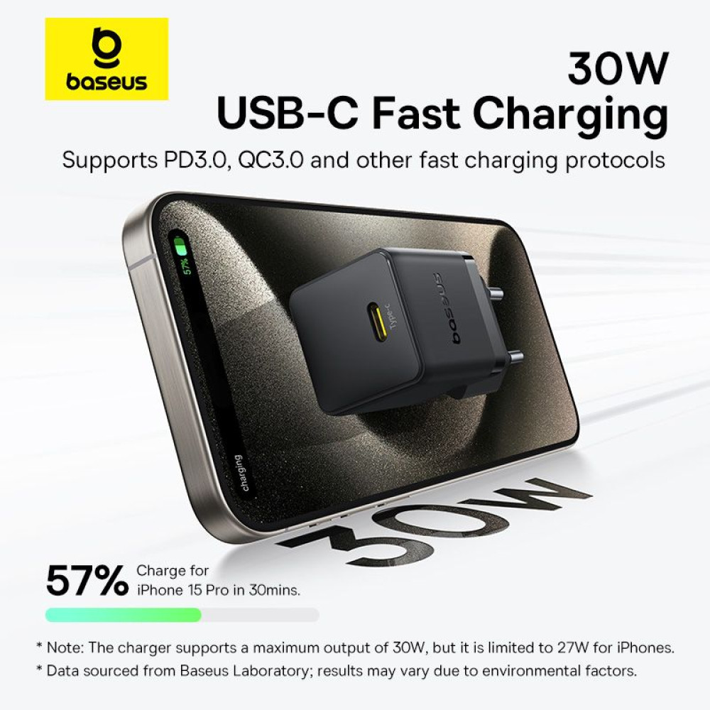 Зарядно устройство BASEUS 30W, 220V, USB-C - Palm fast + кабел, черно (P10111605113-01)