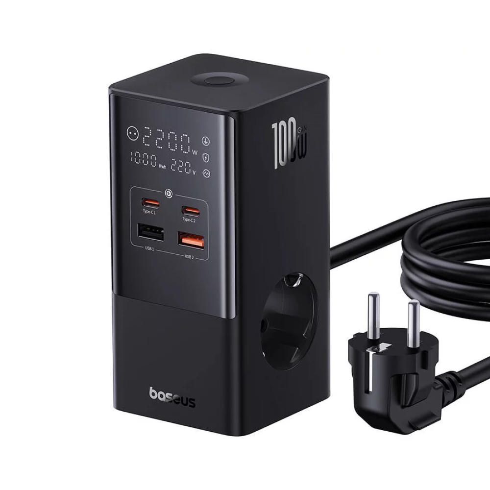 Разклонител и Зарядно устройство 220V BASEUS 100W PowerCombo Tower - (E00023609113-00), 4000W, 2xAC Sockets + 2XUSB + 2XUSB-C(PD) Разклонител и Зарядно устройство 220V BASEUS 100W PowerCombo Tower - (E00023609113-00), 4000W, 2xAC Sockets + 2XUSB + 2XUSB-C(PD)