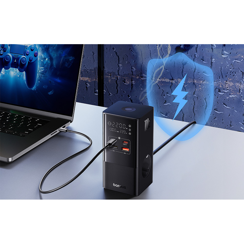 Разклонител и Зарядно устройство 220V BASEUS 100W PowerCombo Tower - (E00023609113-00), 4000W, 2xAC Sockets + 2XUSB + 2XUSB-C(PD) Разклонител и Зарядно устройство 220V BASEUS 100W PowerCombo Tower - (E00023609113-00), 4000W, 2xAC Sockets + 2XUSB + 2XUSB-C(PD)