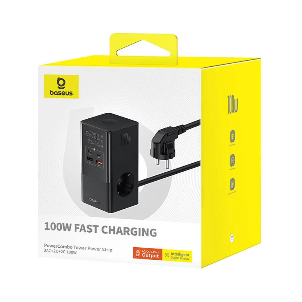Разклонител и Зарядно устройство 220V BASEUS 100W PowerCombo Tower - (E00023609113-00), 4000W, 2xAC Sockets + 2XUSB + 2XUSB-C(PD) Разклонител и Зарядно устройство 220V BASEUS 100W PowerCombo Tower - (E00023609113-00), 4000W, 2xAC Sockets + 2XUSB + 2XUSB-C(PD)