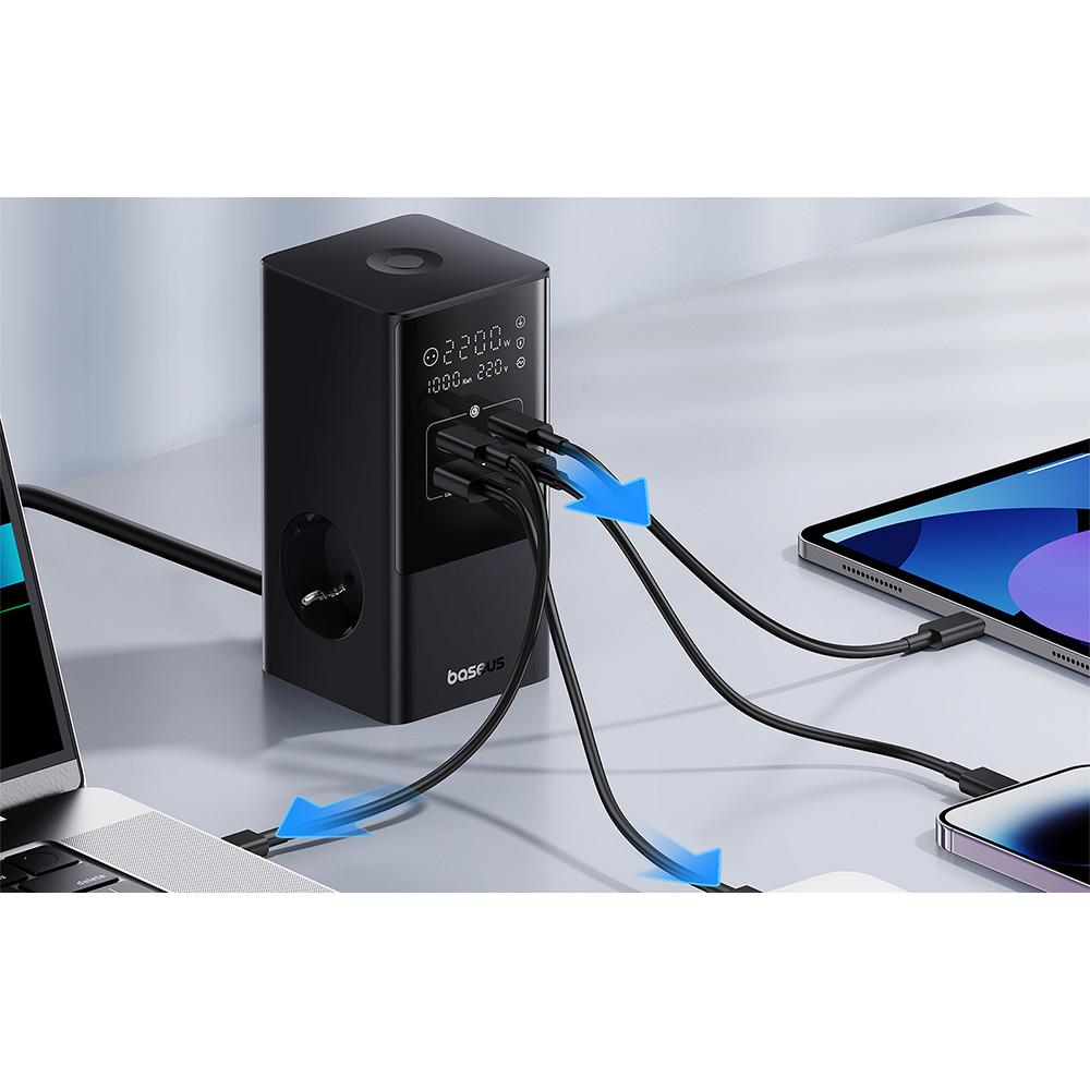 Разклонител и Зарядно устройство 220V BASEUS 100W PowerCombo Tower - (E00023609113-00), 4000W, 2xAC Sockets + 2XUSB + 2XUSB-C(PD) Разклонител и Зарядно устройство 220V BASEUS 100W PowerCombo Tower - (E00023609113-00), 4000W, 2xAC Sockets + 2XUSB + 2XUSB-C(PD)