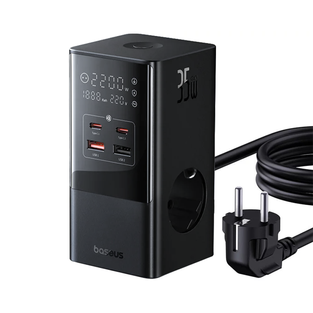 Разклонител и Зарядно устройство 220V BASEUS 35W PowerCombo Tower - (E00023606113-00), 4000W, 3xAC Sockets + 2XUSB + 2XUSB-C(PD) Разклонител и Зарядно устройство 220V BASEUS 35W PowerCombo Tower - (E00023606113-00), 4000W, 3xAC Sockets + 2XUSB + 2XUSB-C(PD)