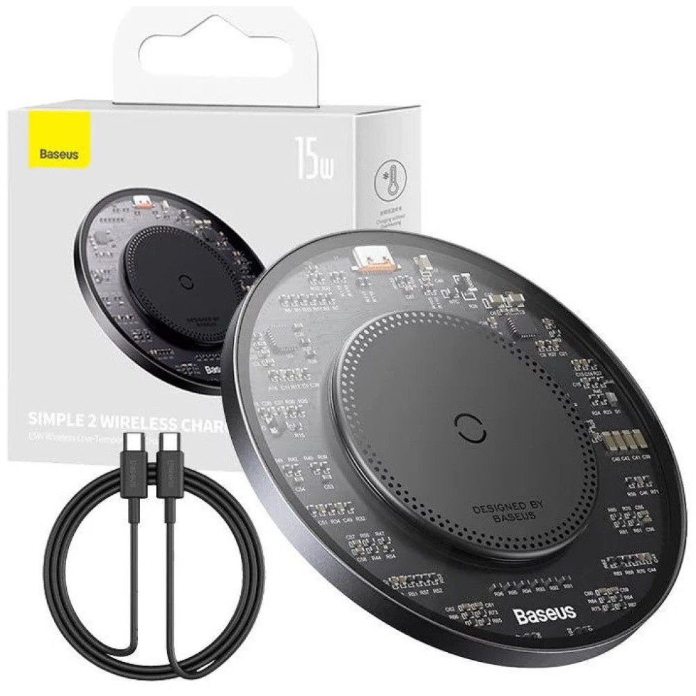 Безжично зарядно 220V BASEUS 15W, Qi SIMPLE2 (CCJJ050001) + кабел Type-C към Type-C