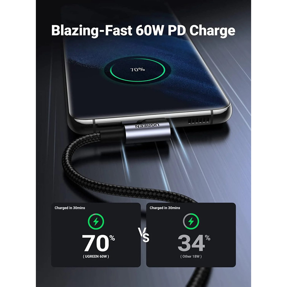 Кабел UGREEN 60W, Type-C - Type-C, US255/50123, 1 метър Кабел UGREEN 60W, Type-C - Type-C, US255/50123, 1 метър