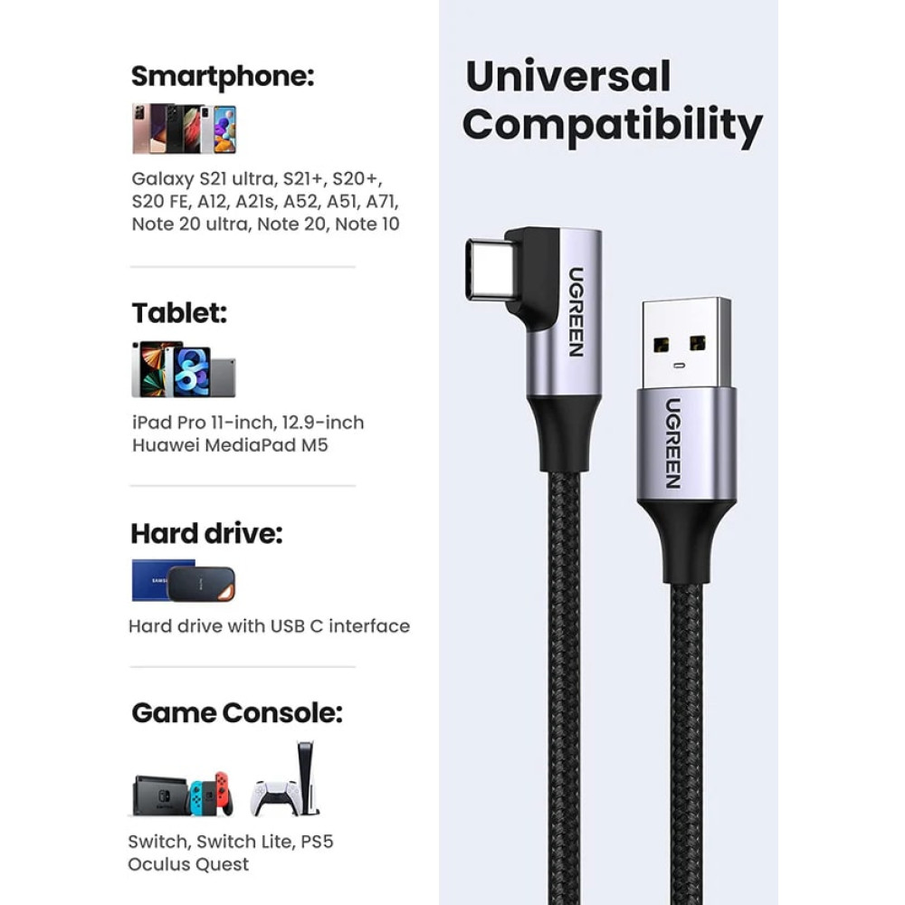 Кабел UGREEN 3A, USB-A - Type-C, US385/20299, 1 метър Кабел UGREEN 3A, USB-A - Type-C, US385/20299, 1 метър