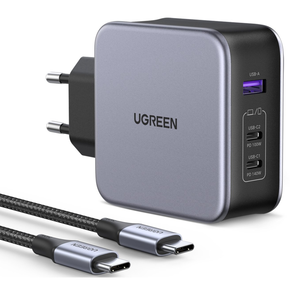 Зарядно устройство 220V UGREEN Nexode GaN - CD289/90549, 140W, USB-A, 2xUSB-C + кабел Type-C към Type-C Зарядно устройство 220V UGREEN Nexode GaN - CD289/90549, 140W, USB-A, 2xUSB-C + кабел Type-C към Type-C