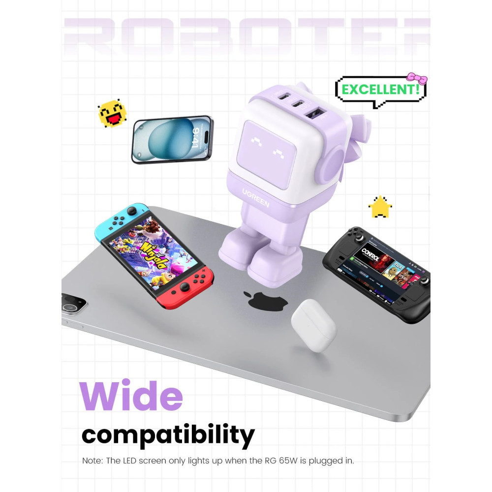 Зарядно устройство 220V UGREEN CD361/35291, 65W, USB-A, 2xUSB-C, Nexode RG Robot GaN Зарядно устройство 220V UGREEN CD361/35291, 65W, USB-A, 2xUSB-C, Nexode RG Robot GaN
