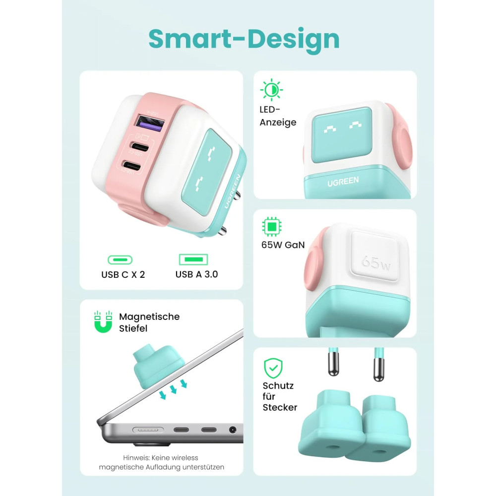 Зарядно устройство 220V UGREEN CD361/35855, 65W, USB-A, 2xUSB-C, Nexode RG Robot GaN Зарядно устройство 220V UGREEN CD361/35855, 65W, USB-A, 2xUSB-C, Nexode RG Robot GaN