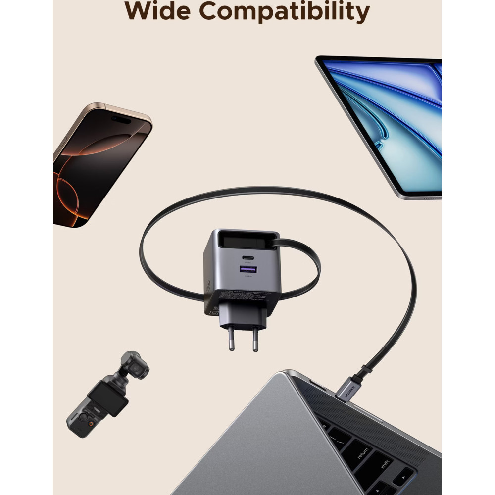 Зарядно устройство 220V 65W, USB-A + USB-C + кабел C, GaN (X615/65825)