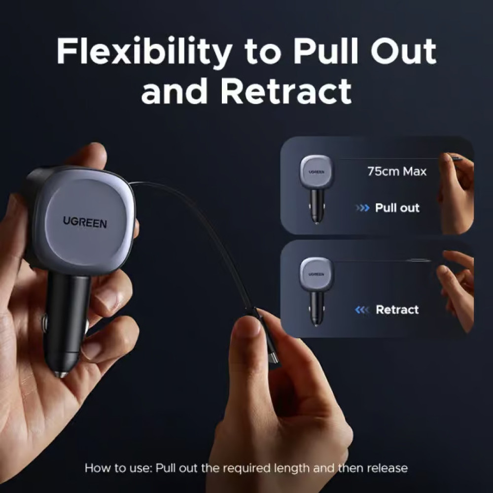 Зарядно за автомобил 12V UGREEN 12V 75W, USB-A + USB-C + кабел C, GaN - (EC601 / 55653) Зарядно за автомобил 12V UGREEN 12V 75W, USB-A + USB-C + кабел C, GaN - (EC601 / 55653)