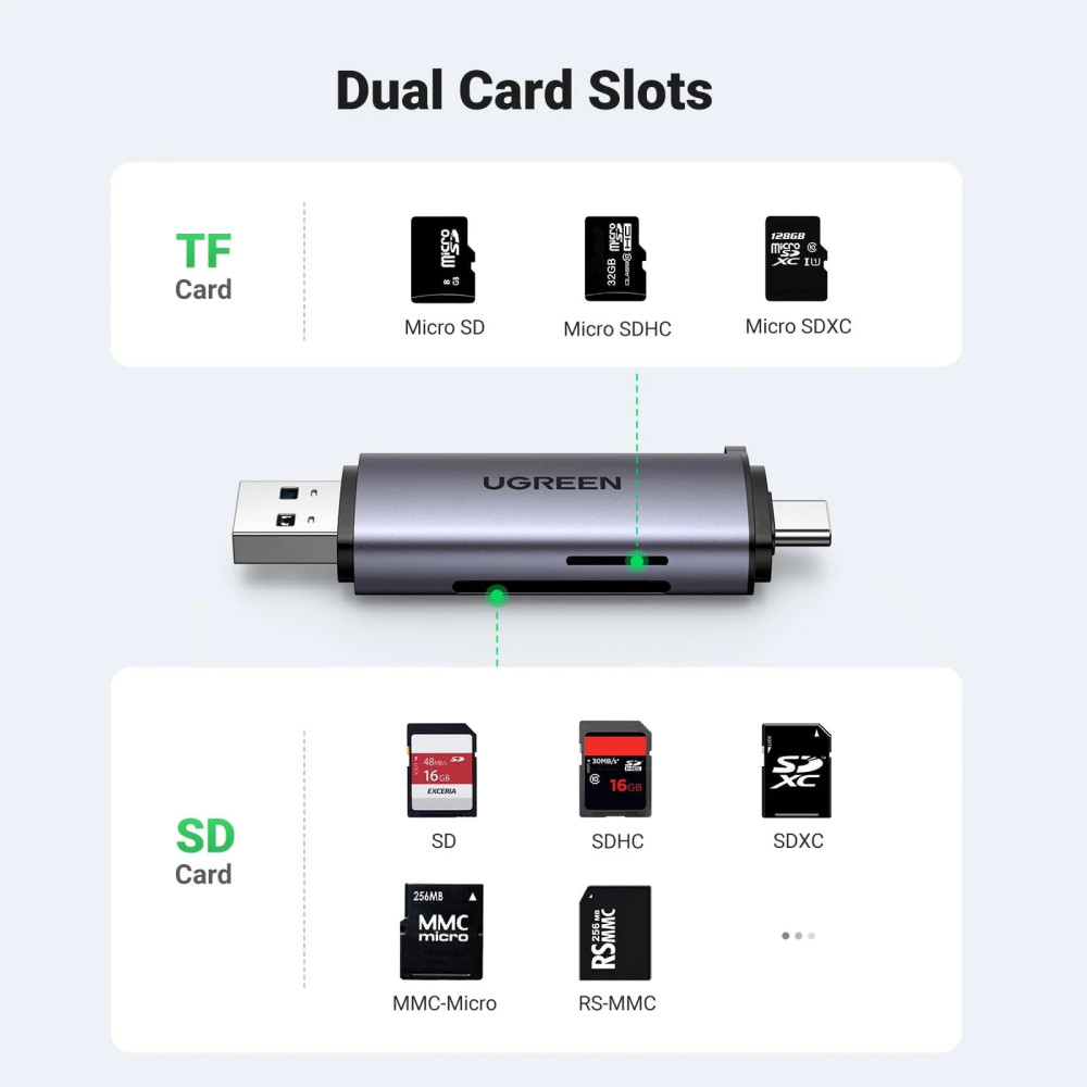 Преходник / Четец на карти UGREEN CM185/50706 - USB-A и Type-C, SD, Micro SD Преходник / Четец на карти UGREEN CM185/50706 - USB-A и Type-C, SD, Micro SD