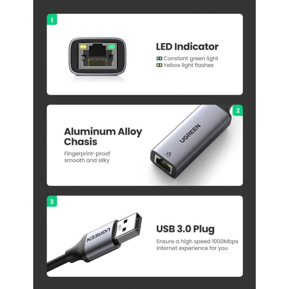 Преходник / адаптер UGREEN CM209/50922 от USB-A 3.00 към RJ45 (LAN) Преходник / адаптер UGREEN CM209/50922 от USB-A 3.00 към RJ45 (LAN)