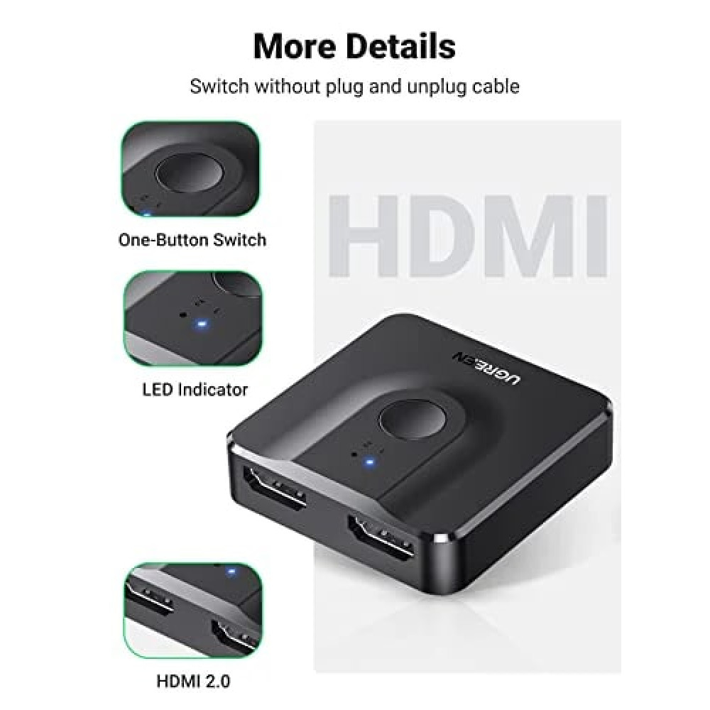 Двупосочен превключвател UGREEN Splitter Switch box CM217/50966 - 2в1 HDMI хъб Двупосочен превключвател UGREEN Splitter Switch box CM217/50966 - 2в1 HDMI хъб