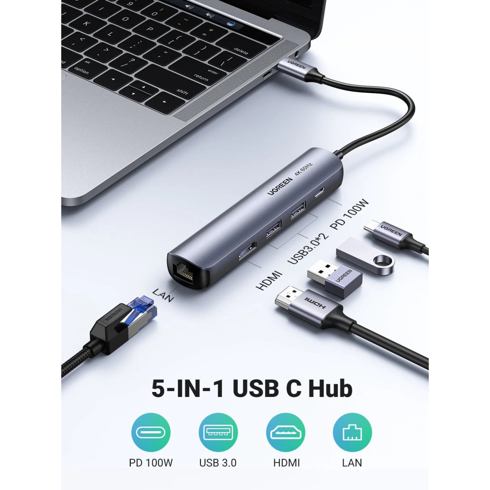Мултифункционален хъб UGREEN CM418/10919 5в1 от Type-C към 2xUSB-A, USB-C, HDMI, RJ45 Мултифункционален хъб UGREEN CM418/10919 5в1 от Type-C към 2xUSB-A, USB-C, HDMI, RJ45