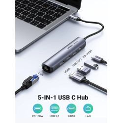 Мултифункционален хъб UGREEN CM418/10919 5в1 от Type-C към 2xUSB-A, USB-C, HDMI, RJ45 Мултифункционален хъб UGREEN CM418/10919 5в1 от Type-C към 2xUSB-A, USB-C, HDMI, RJ45