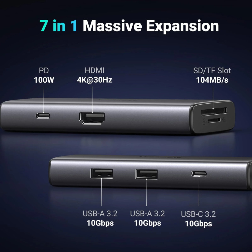 Хъб UGREEN Revodok Pro 107 CM498/15531 7в1 от Type-C към HDMI, 2xUSB-A, 2xUSB-C, SD card, MicroSD card Хъб UGREEN Revodok Pro 107 CM498/15531 7в1 от Type-C към HDMI, 2xUSB-A, 2xUSB-C, SD card, MicroSD card