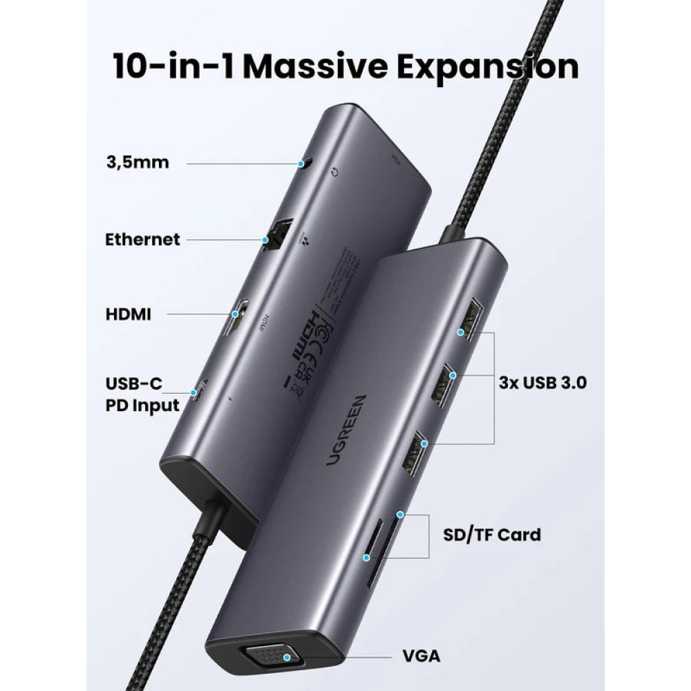Хъб UGREEN Revodok CM498/15601 10в1 от Type-C към 3xUSB-A, USB-C, HDMI, VGA, RJ45, 3.5mm Jack, SD card, TF (MicroSD) card Хъб UGREEN Revodok CM498/15601 10в1 от Type-C към 3xUSB-A, USB-C, HDMI, VGA, RJ45, 3.5mm Jack, SD card, TF (MicroSD) card