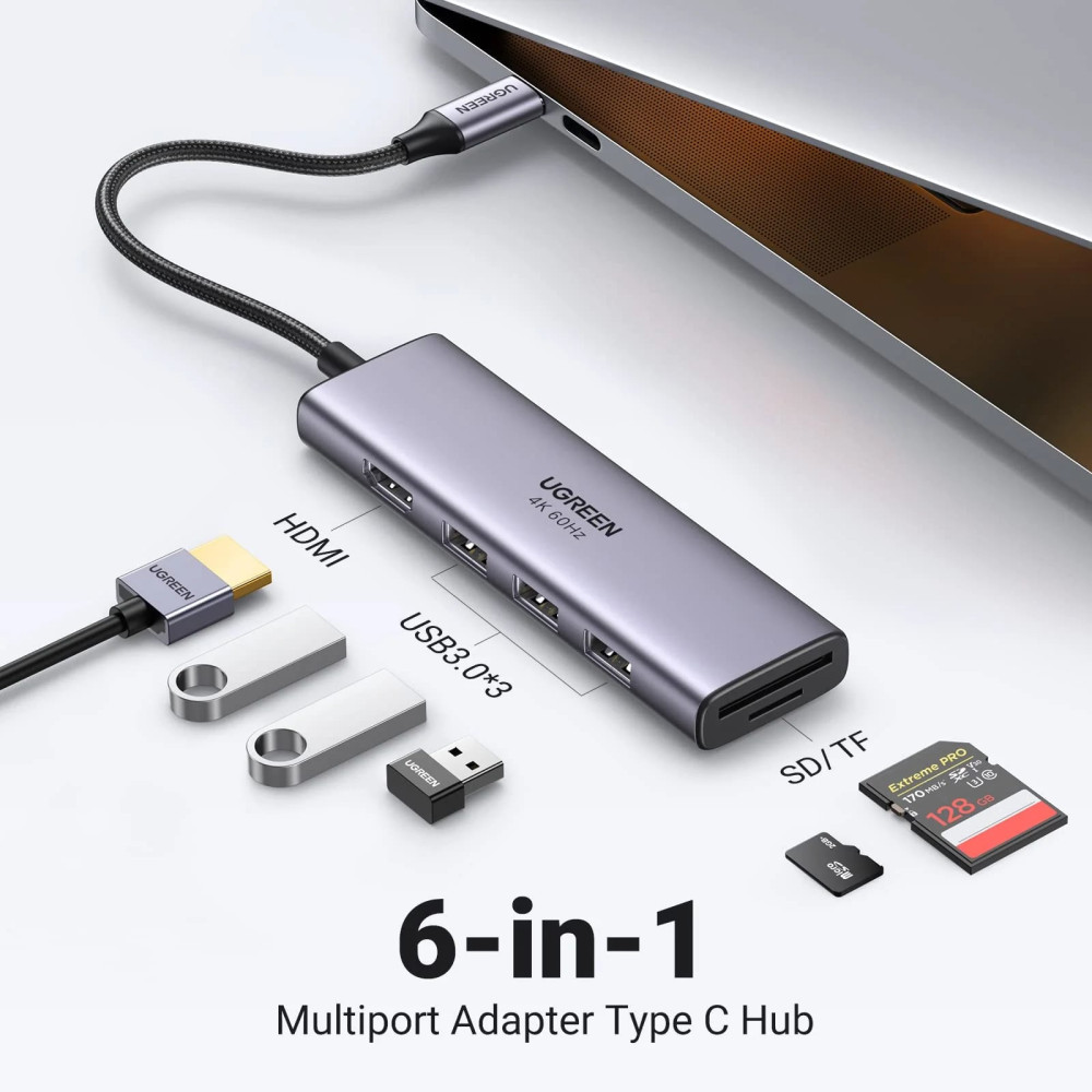 Мултифункционален хъб UGREEN CM511/60383 6в1 от Type-C към 3xUSB-A, HDMI, SD card, MicroSD card Мултифункционален хъб UGREEN CM511/60383 6в1 от Type-C към 3xUSB-A, HDMI, SD card, MicroSD card