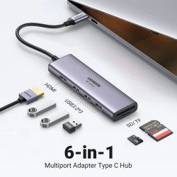 Мултифункционален хъб UGREEN CM511/60383 6в1 от Type-C към 3xUSB-A, HDMI, SD card, MicroSD card Мултифункционален хъб UGREEN CM511/60383 6в1 от Type-C към 3xUSB-A, HDMI, SD card, MicroSD card