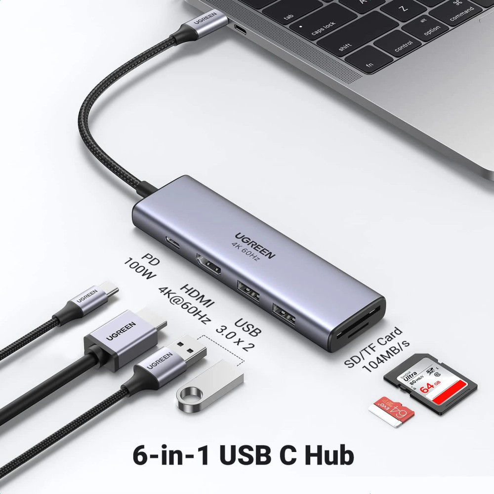 Мултифункционален хъб UGREEN CM511/60384 6в1 от Type-C към 2xUSB-A, USB-C, HDMI, SD card, MicroSD card Мултифункционален хъб UGREEN CM511/60384 6в1 от Type-C към 2xUSB-A, USB-C, HDMI, SD card, MicroSD card